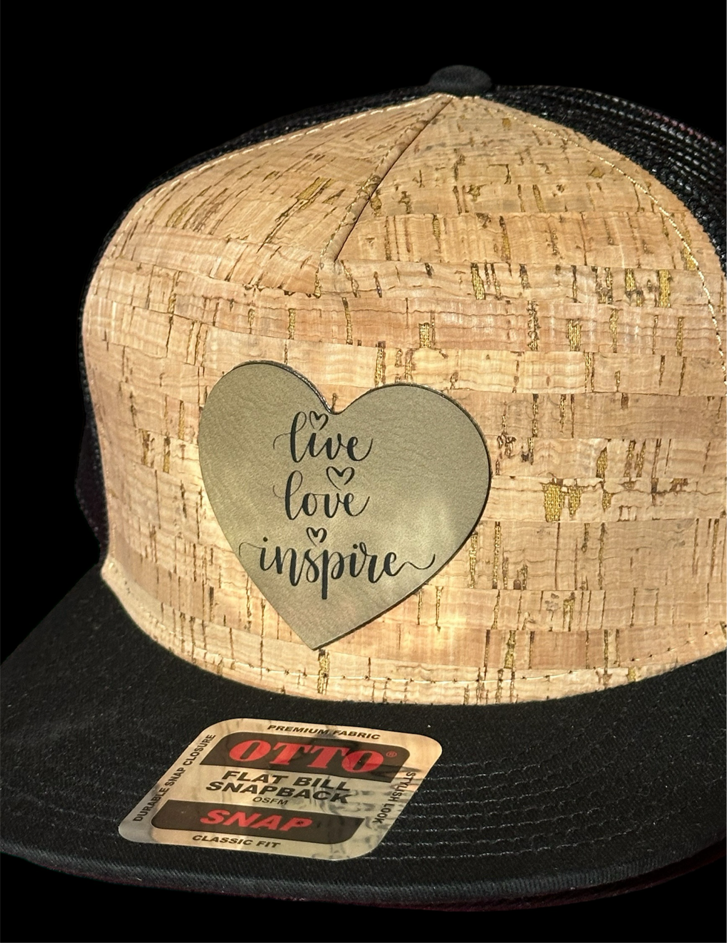 Live, love, inspire laser engraved patch cork flat billed hat