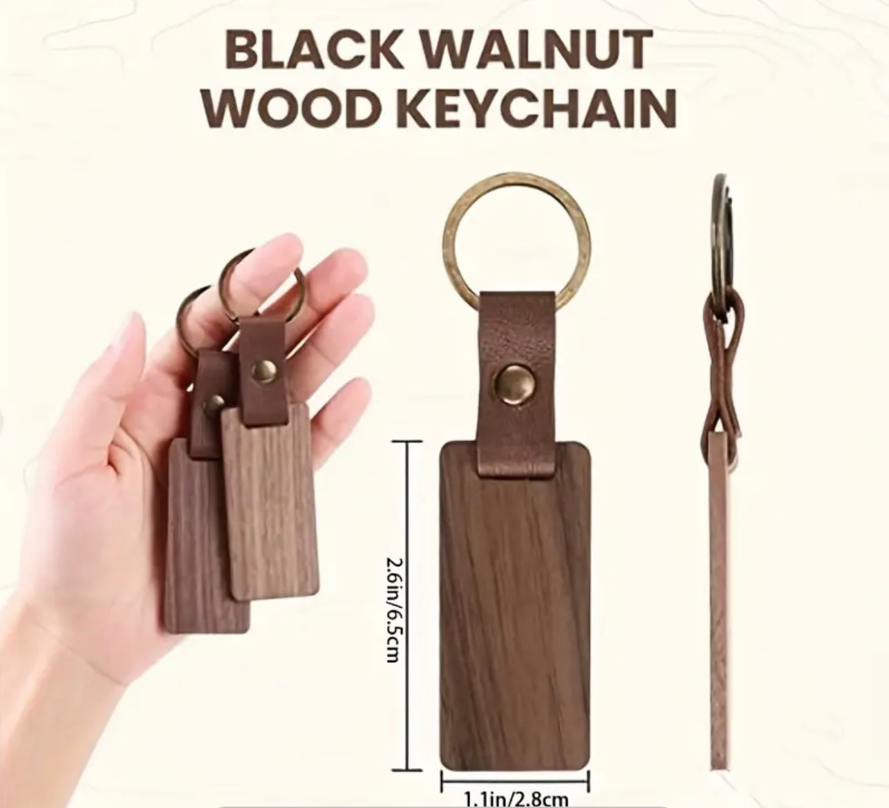 Black walnut wooden keychain with leather strap