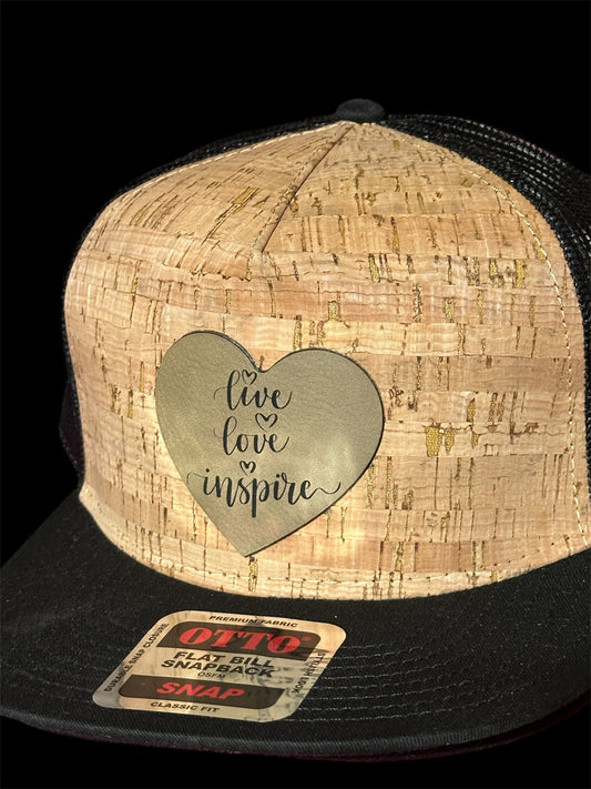 Live, love, inspire laser engraved patch cork flat billed hat